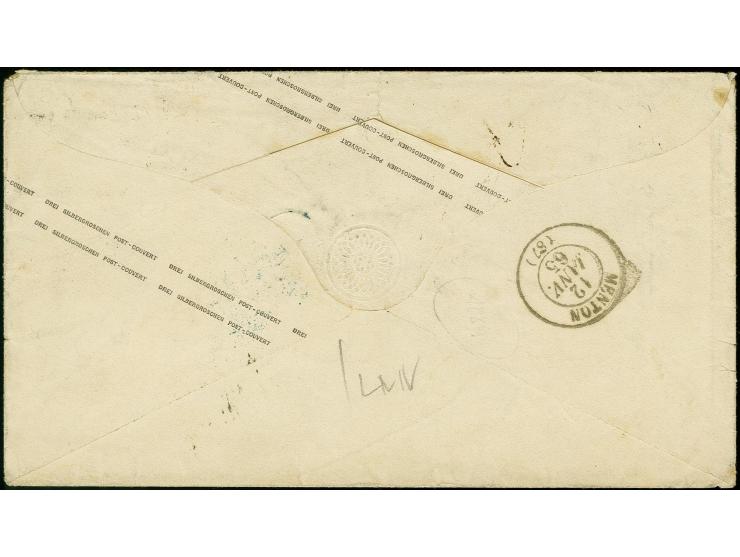 1 Sgr. rosa als Zufrankatur auf Ganzsachenumschlag 3 Sgr. ocker mit Ra3 "BERLIN POST-EXP.9 POTSDAM. BAHNH. 8 1 65" nach Mento