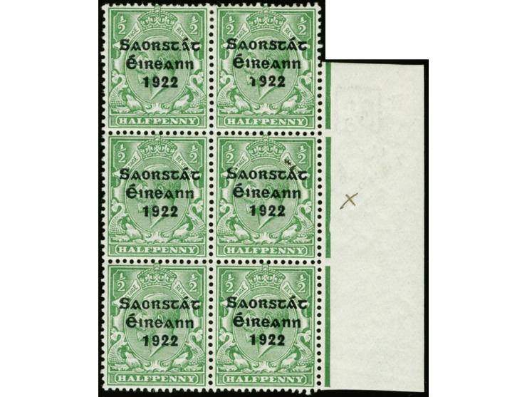 1922 Saorstát ½d., right marginal block of six, center right stamp with overprint variety "accent inserted by hand twice, onc