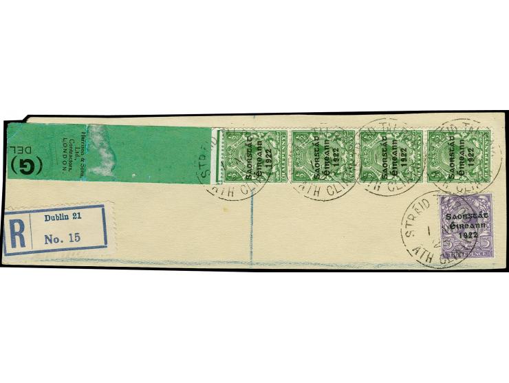 1923, Overprinted by Harrison for coil machines: ½ d. green, horizontal strip of 4 with large part of leader, with additional