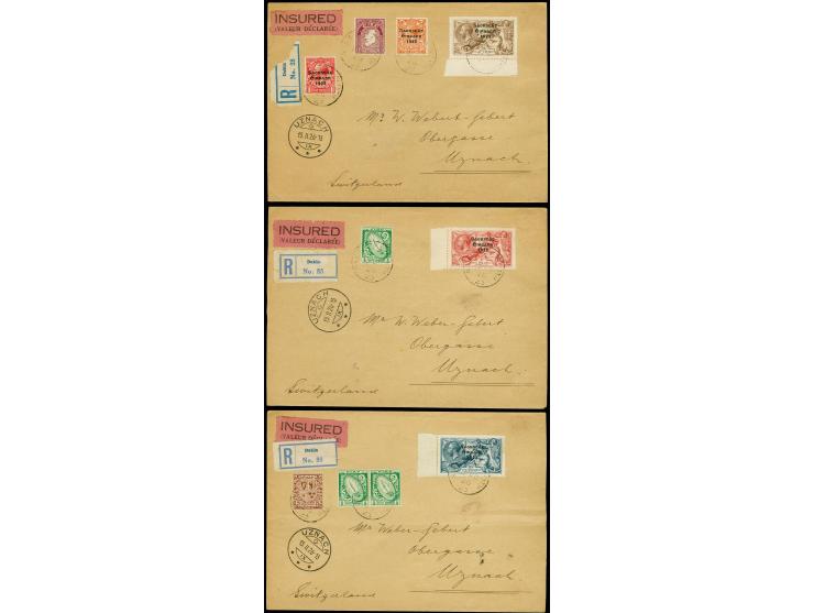 1922, seahorses 2sh.6d.- 5sh., used with additional franking on 3 insured covers 1926 to Switzerland with arrival marks