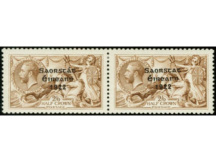 1922, Saorstát 2/6 s. as horizontal pair from row 3, the right stamp with overprint error "missing accent", unused, very fine