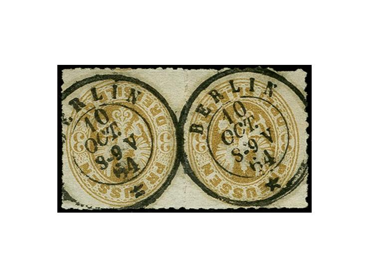 "BERLIN 10 OCT. 9-9V 64", DKr. in belgischer Type, jeweils glasklar abgeschlagen auf waagerechtem Paar Wappen 3 Sgr. ocker; e