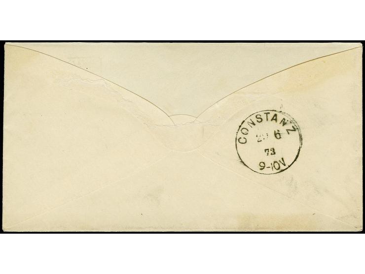 "BERLIN 27 6", der Ra2 in Kursivschrift auf 1872, Großer Schild 1 Gr. rosa auf Briefkuvert nach Konstanz; die rückseitige Obe