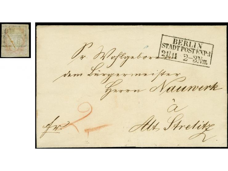 "MOABIT BRIEFSAMMLUNG 21/11" (1853), Ra3 rückseitig auf Briefhülle mit vorderseitigem "BERLIN STADTPOST EXP:1 21/11" nach Alt