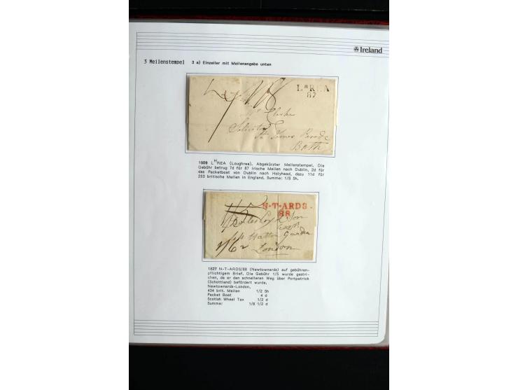 1740/1840 (ca.), überwiegend aufgezogene Sammlung von rund 50 Vorphila-Briefen, dabei viele interessante Stücke wie "S/IRELAN
