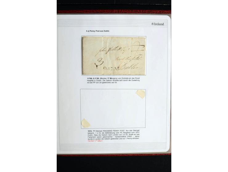 1740/1840 (ca.), überwiegend aufgezogene Sammlung von rund 50 Vorphila-Briefen, dabei viele interessante Stücke wie "S/IRELAN
