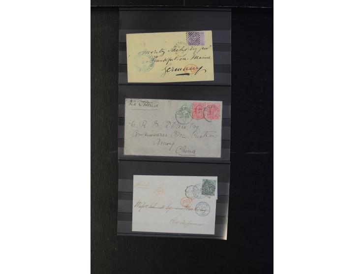 1863/1911, 21 frankierte Auslandsbriefe, fast ausschließlich Victoria-Frankaturen, u.a. nach Kanada, Ceylon, China, Brasilien