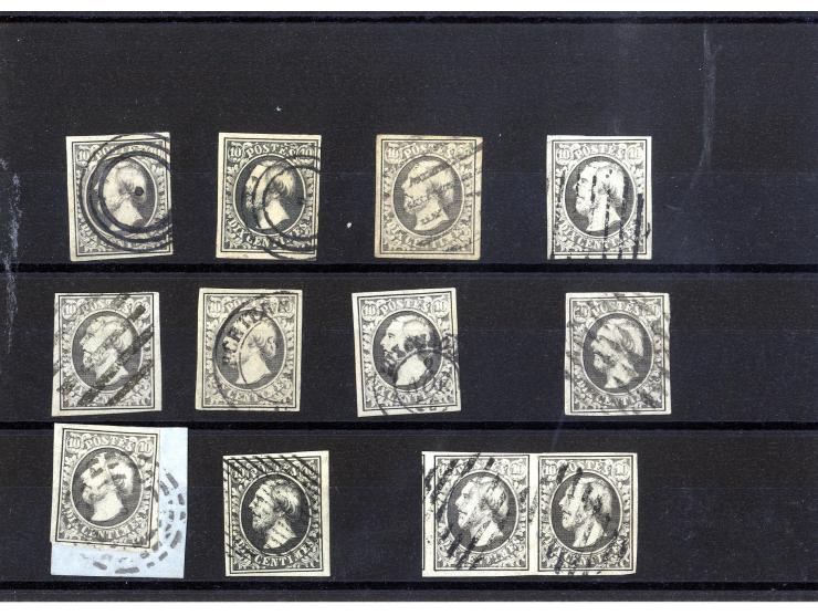 1852, kleine Stempelsammlung auf Mi.-Nr. 1, alles verschiedene Stempel auf 10 Einzelwerten und einem Paar