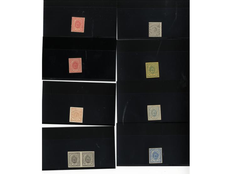 1875/80, Partie von rd. 100 Probedrucken (meist Essays de Bruk), dabei einige in Einheiten, teils sign.