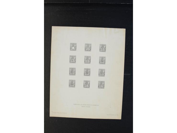 1882, Allegorie, kleine Sammlung Probedrucke, dabei gezähnter Probedruck 2 C. grün sowie Probedruck-Bogen mit kpl. Satz (5 ve