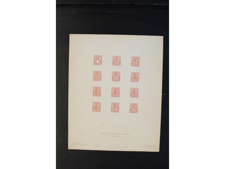 1882, Allegorie, kleine Sammlung Probedrucke, dabei gezähnter Probedruck 2 C. grün sowie Probedruck-Bogen mit kpl. Satz (5 ve