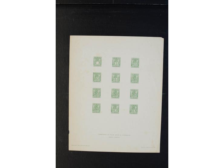 1882, Allegorie, kleine Sammlung Probedrucke, dabei gezähnter Probedruck 2 C. grün sowie Probedruck-Bogen mit kpl. Satz (5 ve