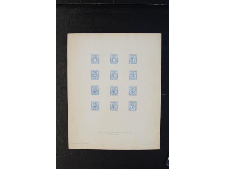 1882, Allegorie, kleine Sammlung Probedrucke, dabei gezähnter Probedruck 2 C. grün sowie Probedruck-Bogen mit kpl. Satz (5 ve