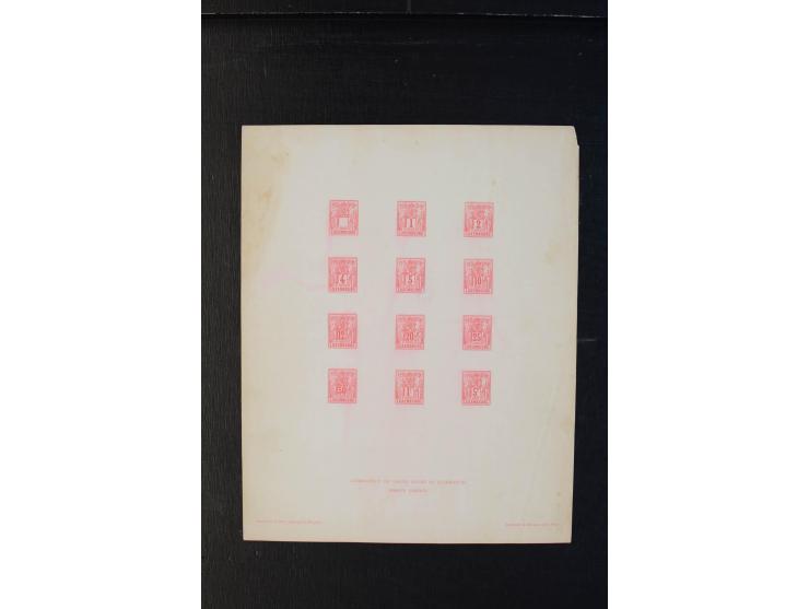 1882, Allegorie, kleine Sammlung Probedrucke, dabei gezähnter Probedruck 2 C. grün sowie Probedruck-Bogen mit kpl. Satz (5 ve
