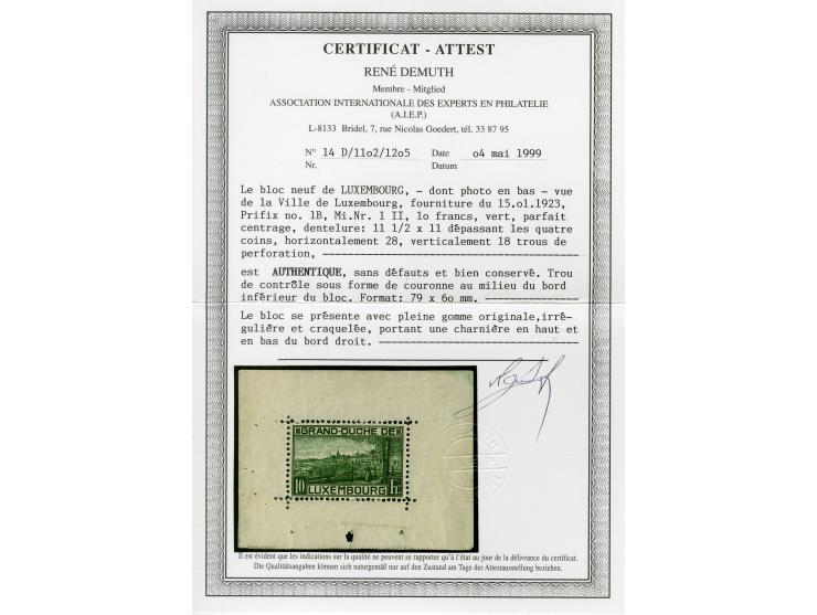 1921/23, Mi.-Nr.121 im Kleinbogen und Bl.1, je 4 Stück ungebraucht, für einen Block Attest Demuth AIEP