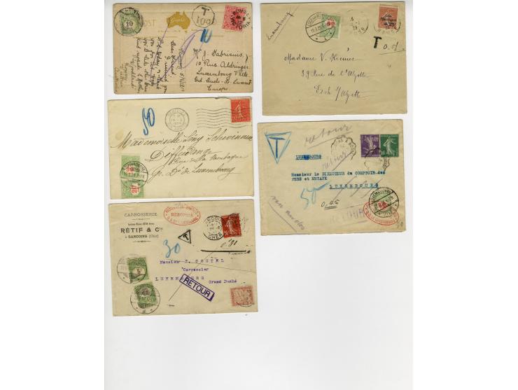 1909/29, eine Karte aus Victoria, Australien und 4 Briefe aus Frankreich mit Nachporto-Frankaturen, dabei 1 Brief mit zusätzl