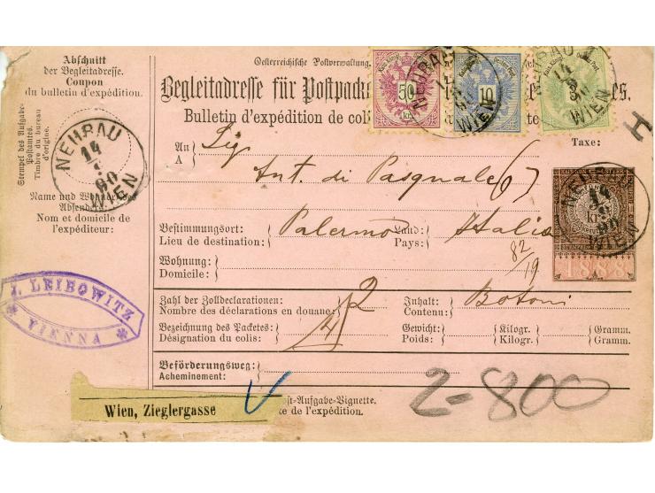 1890/1891, Partie mit 6 frankierten Paketbegleit-Adressen nach Italien, jeweils mit 63 Kr.-Frankaturen der Wappen-Ausgabe 188