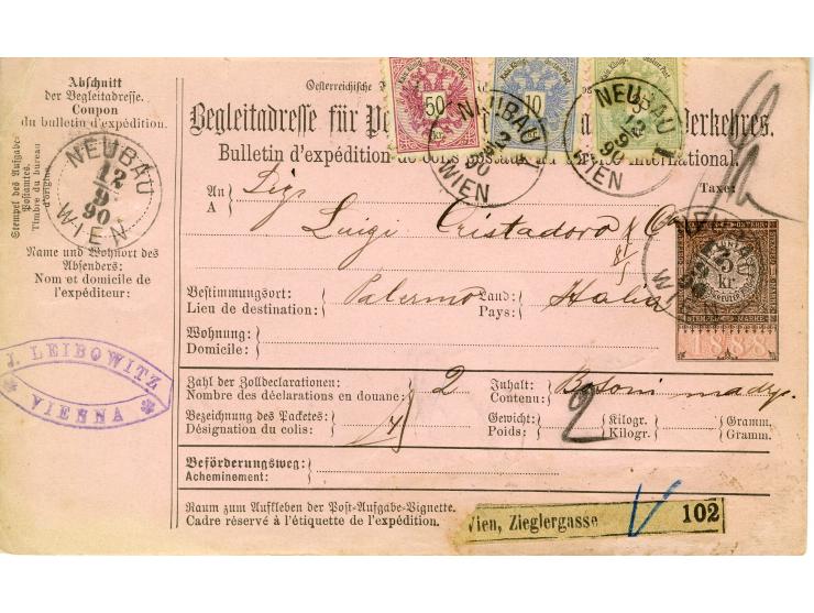 1890/1891, Partie mit 6 frankierten Paketbegleit-Adressen nach Italien, jeweils mit 63 Kr.-Frankaturen der Wappen-Ausgabe 188