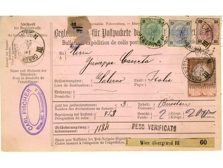 1890/1891, Partie mit 6 frankierten Paketbegleit-Adressen nach Italien, jeweils mit 63 Kr.-Frankaturen der Wappen-Ausgabe 188