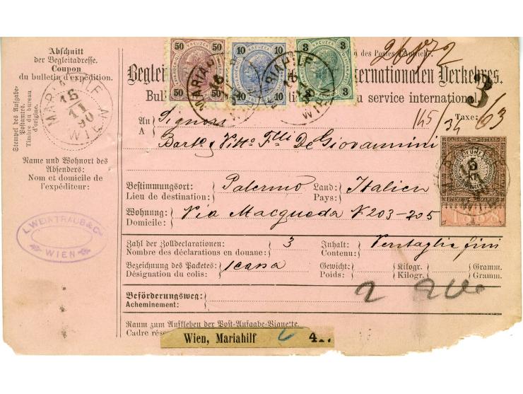 1890/1891, Partie mit 6 frankierten Paketbegleit-Adressen nach Italien, jeweils mit 63 Kr.-Frankaturen der Wappen-Ausgabe 188