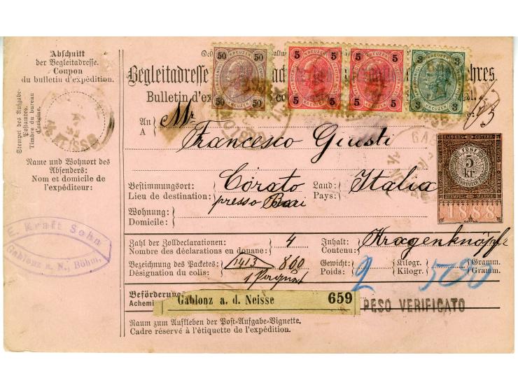 1890/1891, Partie mit 6 frankierten Paketbegleit-Adressen nach Italien, jeweils mit 63 Kr.-Frankaturen der Wappen-Ausgabe 188