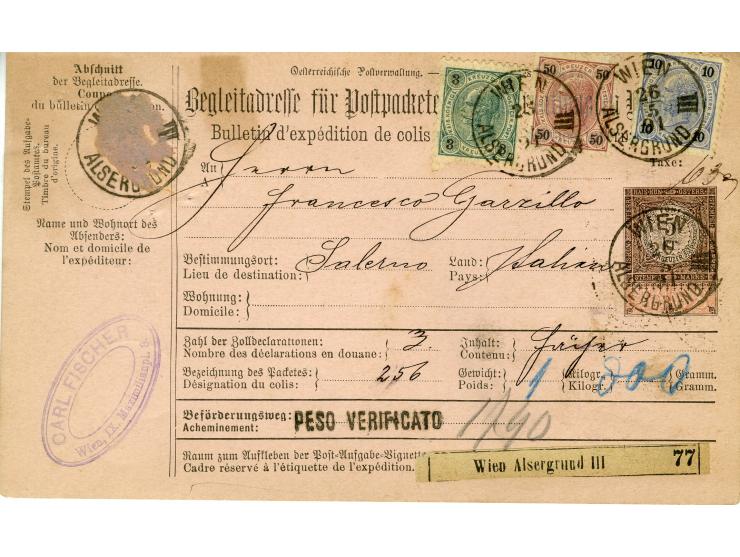 1890/1891, Partie mit 6 frankierten Paketbegleit-Adressen nach Italien, jeweils mit 63 Kr.-Frankaturen der Wappen-Ausgabe 188