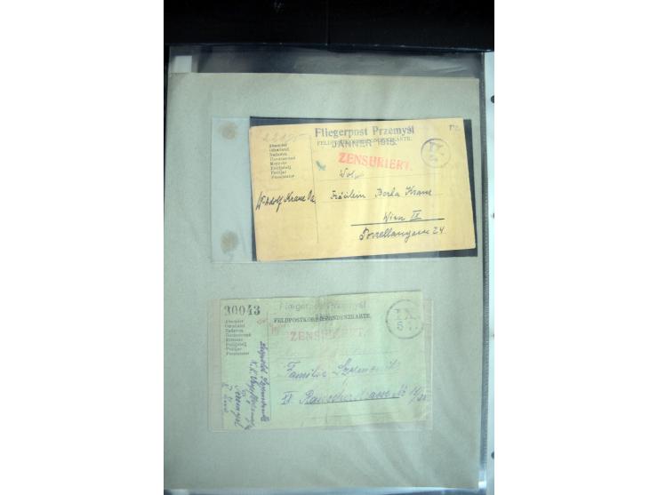 1915, "Fliegerpost Przemysl", Sammlung mit 8 gebrauchten Karten, vielen Fotos, Ansichtskarten (u.a. Fotokarte "Ballonabteilun