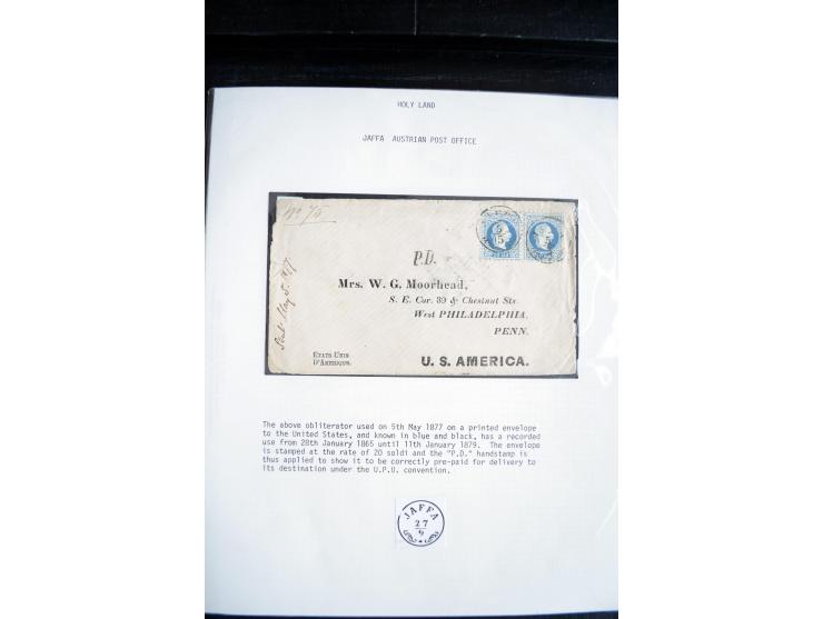 1877/1914, 13 Briefe, Karten, Ganzsachen und 3 Postscheine mit Stempeln von "JAFFA", dabei Mi.-Nr. 4II (2, Mängel) auf Brief 
