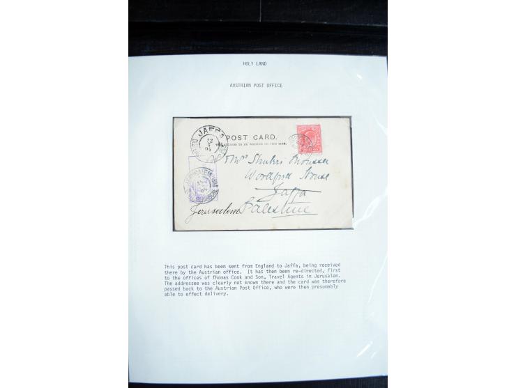 1877/1914, 13 Briefe, Karten, Ganzsachen und 3 Postscheine mit Stempeln von "JAFFA", dabei Mi.-Nr. 4II (2, Mängel) auf Brief 