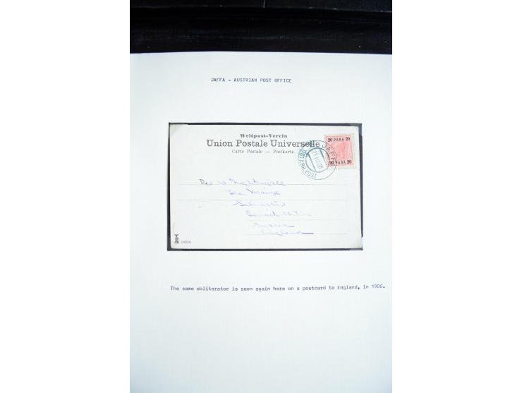 1877/1914, 13 Briefe, Karten, Ganzsachen und 3 Postscheine mit Stempeln von "JAFFA", dabei Mi.-Nr. 4II (2, Mängel) auf Brief 