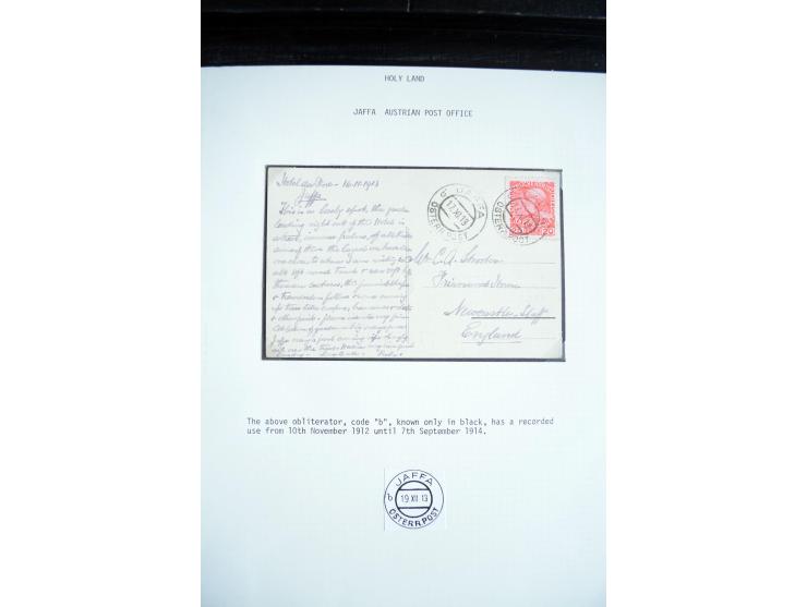 1877/1914, 13 Briefe, Karten, Ganzsachen und 3 Postscheine mit Stempeln von "JAFFA", dabei Mi.-Nr. 4II (2, Mängel) auf Brief 
