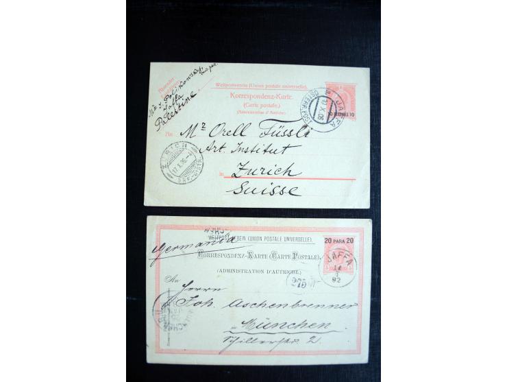 1877/1914, 13 Briefe, Karten, Ganzsachen und 3 Postscheine mit Stempeln von "JAFFA", dabei Mi.-Nr. 4II (2, Mängel) auf Brief 