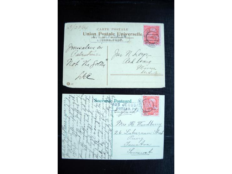 1877/1914, 13 Briefe, Karten, Ganzsachen und 3 Postscheine mit Stempeln von "JAFFA", dabei Mi.-Nr. 4II (2, Mängel) auf Brief 