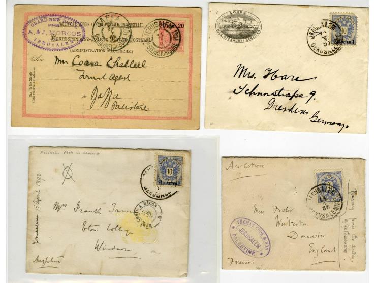 HOLY LAND: 1885/1910, 47 Briefe, Karten und Ganzsachen sowie 7 Aufgabescheine mit Stempeln von Jerusalem, dabei R-Brief, Kons