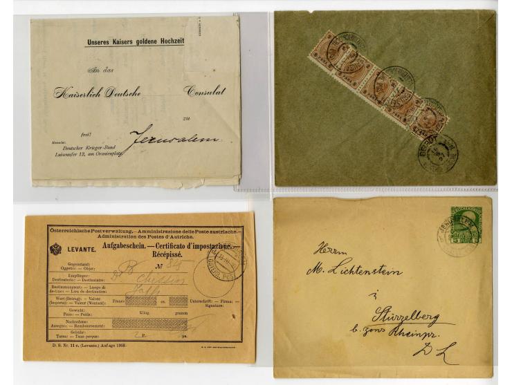 HOLY LAND: 1885/1910, 47 Briefe, Karten und Ganzsachen sowie 7 Aufgabescheine mit Stempeln von Jerusalem, dabei R-Brief, Kons