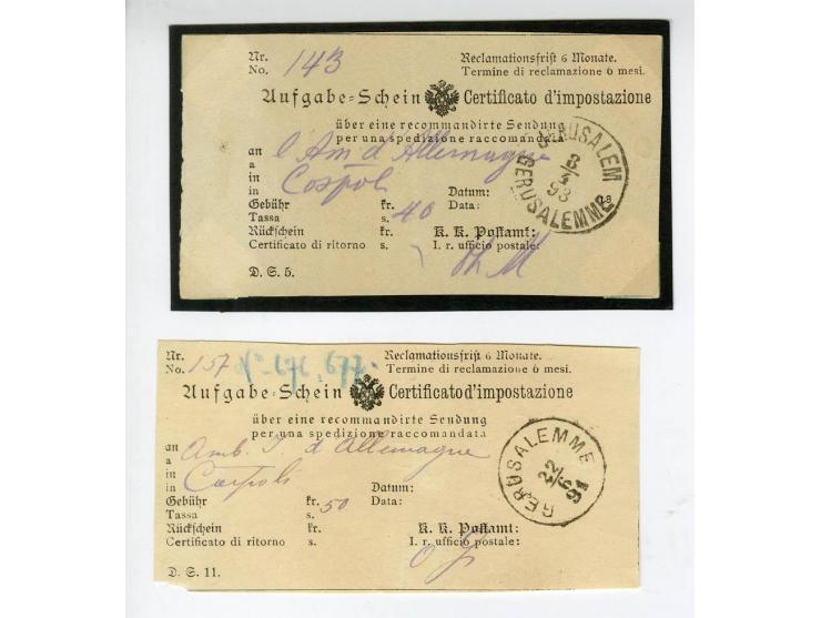 HOLY LAND: 1885/1910, 47 Briefe, Karten und Ganzsachen sowie 7 Aufgabescheine mit Stempeln von Jerusalem, dabei R-Brief, Kons