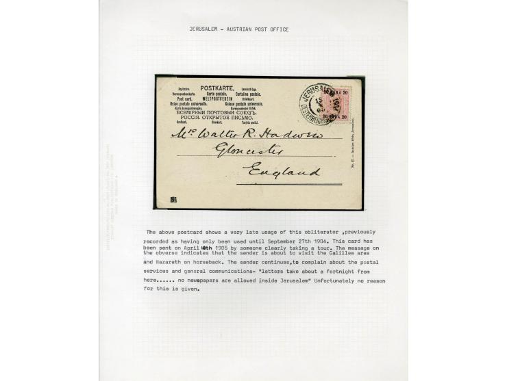 HOLY LAND: 1885/1910, 47 Briefe, Karten und Ganzsachen sowie 7 Aufgabescheine mit Stempeln von Jerusalem, dabei R-Brief, Kons