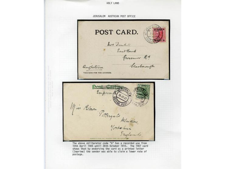 HOLY LAND: 1885/1910, 47 Briefe, Karten und Ganzsachen sowie 7 Aufgabescheine mit Stempeln von Jerusalem, dabei R-Brief, Kons