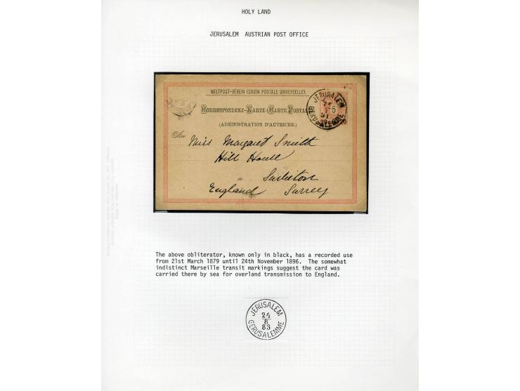 HOLY LAND: 1885/1910, 47 Briefe, Karten und Ganzsachen sowie 7 Aufgabescheine mit Stempeln von Jerusalem, dabei R-Brief, Kons
