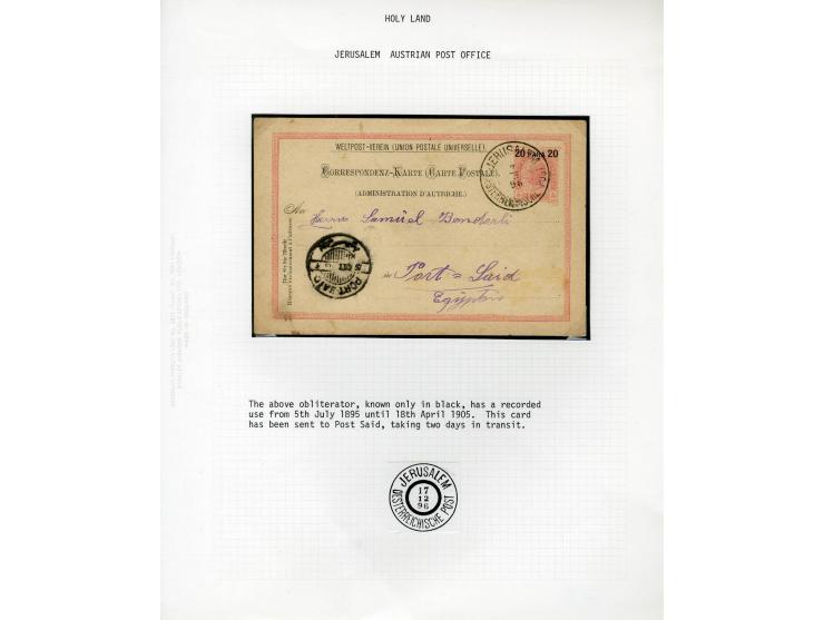 HOLY LAND: 1885/1910, 47 Briefe, Karten und Ganzsachen sowie 7 Aufgabescheine mit Stempeln von Jerusalem, dabei R-Brief, Kons