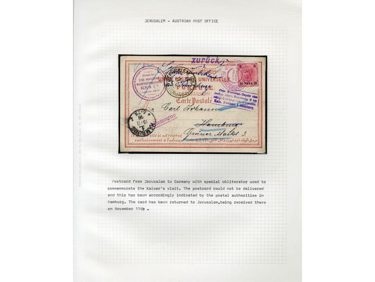 HOLY LAND: 1885/1910, 47 Briefe, Karten und Ganzsachen sowie 7 Aufgabescheine mit Stempeln von Jerusalem, dabei R-Brief, Kons