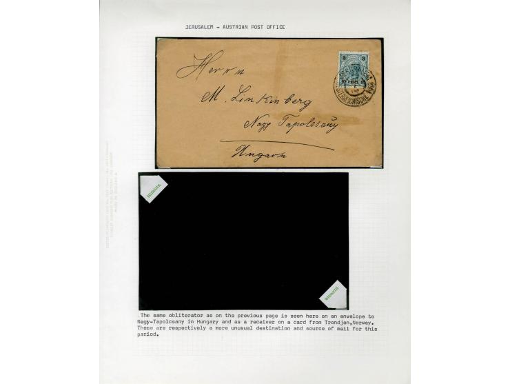 HOLY LAND: 1885/1910, 47 Briefe, Karten und Ganzsachen sowie 7 Aufgabescheine mit Stempeln von Jerusalem, dabei R-Brief, Kons