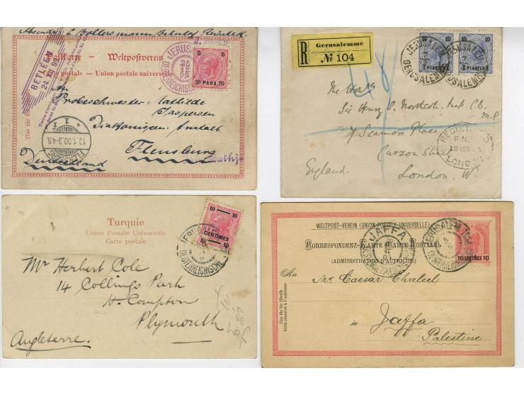 HOLY LAND: 1885/1910, 47 Briefe, Karten und Ganzsachen sowie 7 Aufgabescheine mit Stempeln von Jerusalem, dabei R-Brief, Kons