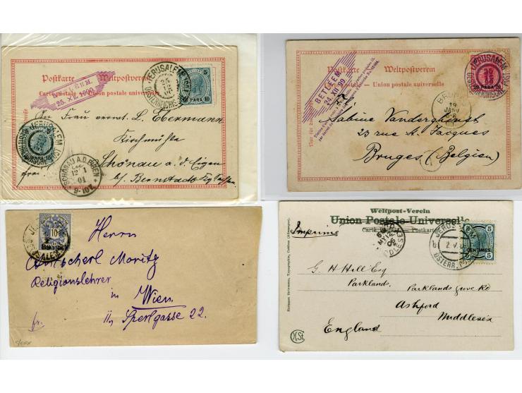 HOLY LAND: 1885/1910, 47 Briefe, Karten und Ganzsachen sowie 7 Aufgabescheine mit Stempeln von Jerusalem, dabei R-Brief, Kons