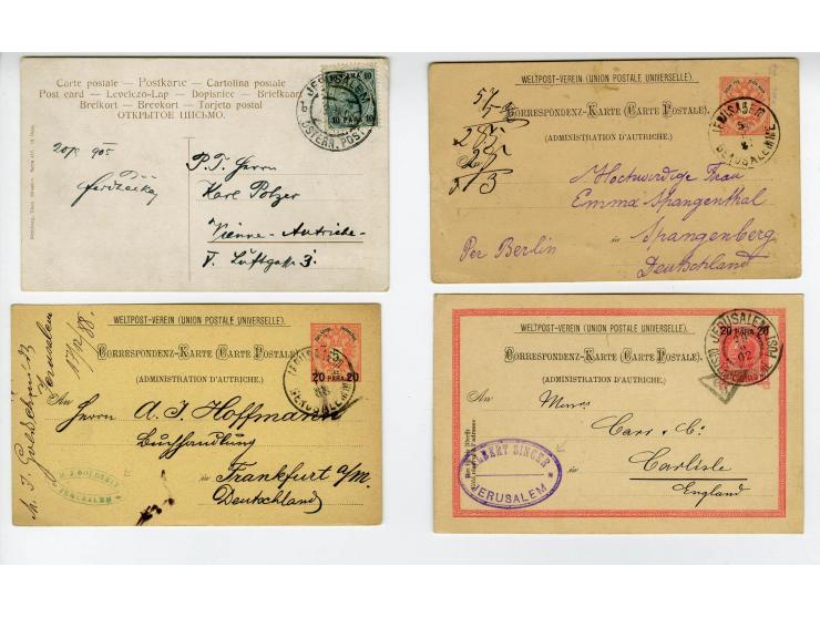 HOLY LAND: 1885/1910, 47 Briefe, Karten und Ganzsachen sowie 7 Aufgabescheine mit Stempeln von Jerusalem, dabei R-Brief, Kons