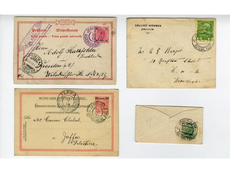 HOLY LAND: 1885/1910, 47 Briefe, Karten und Ganzsachen sowie 7 Aufgabescheine mit Stempeln von Jerusalem, dabei R-Brief, Kons