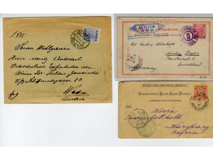 HOLY LAND: 1885/1910, 47 Briefe, Karten und Ganzsachen sowie 7 Aufgabescheine mit Stempeln von Jerusalem, dabei R-Brief, Kons
