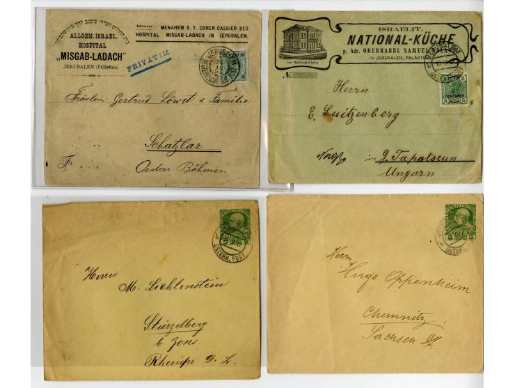 HOLY LAND: 1885/1910, 47 Briefe, Karten und Ganzsachen sowie 7 Aufgabescheine mit Stempeln von Jerusalem, dabei R-Brief, Kons