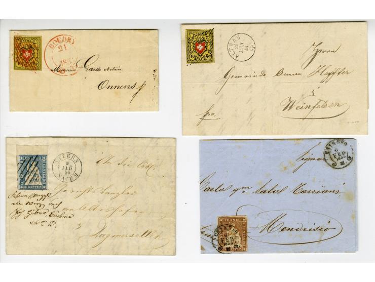 1850/57 (ca.), kleine Partie mit besseren Werten und seltenen Stempeln, dabei 4 Briefe, 5 Paare und ein 3er-Streifen, fast al