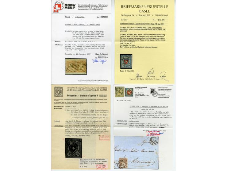 1850/57 (ca.), kleine Partie mit besseren Werten und seltenen Stempeln, dabei 4 Briefe, 5 Paare und ein 3er-Streifen, fast al